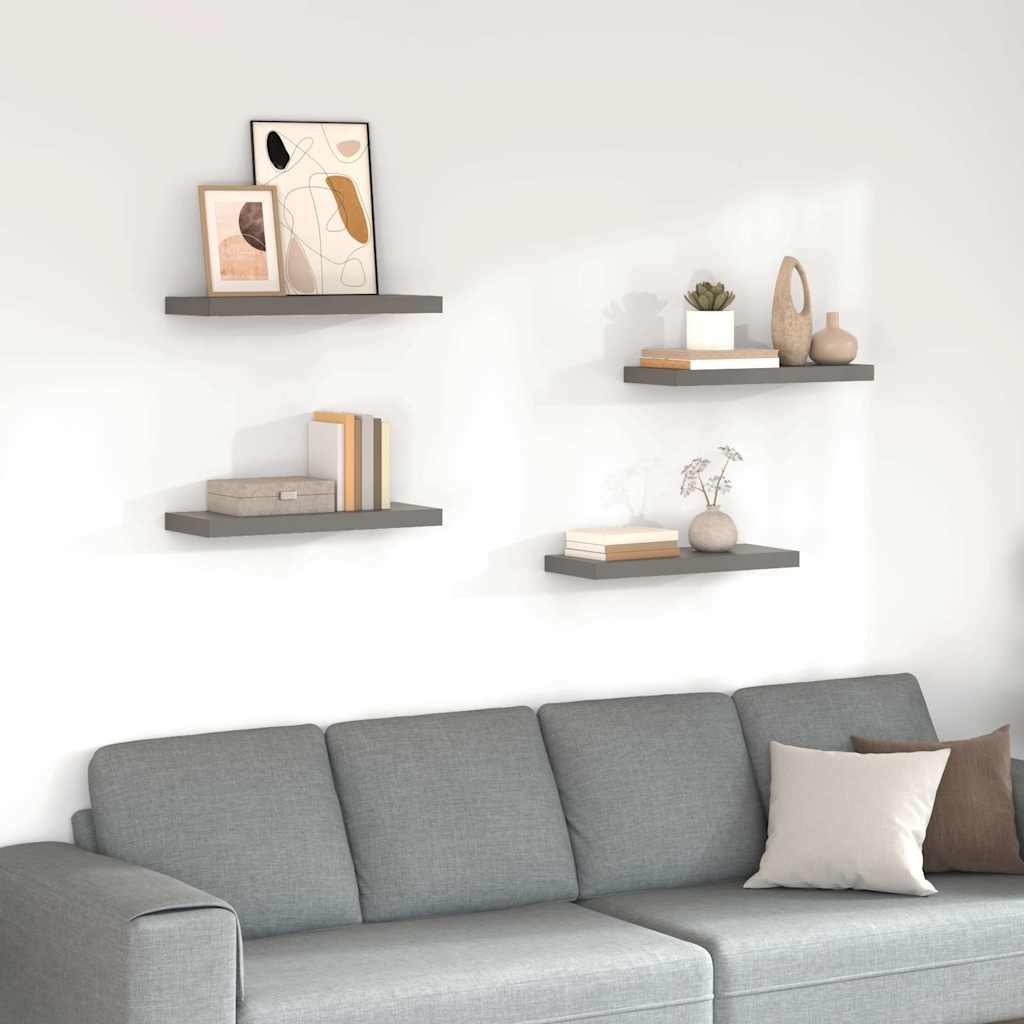 Schweberegale 4 Stk. Hochglanz-Grau 60x23,5x3,8 cm MDF