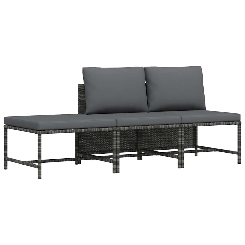 3-tlg. Garten-Sofagarnitur mit Kissen Grau Poly Rattan