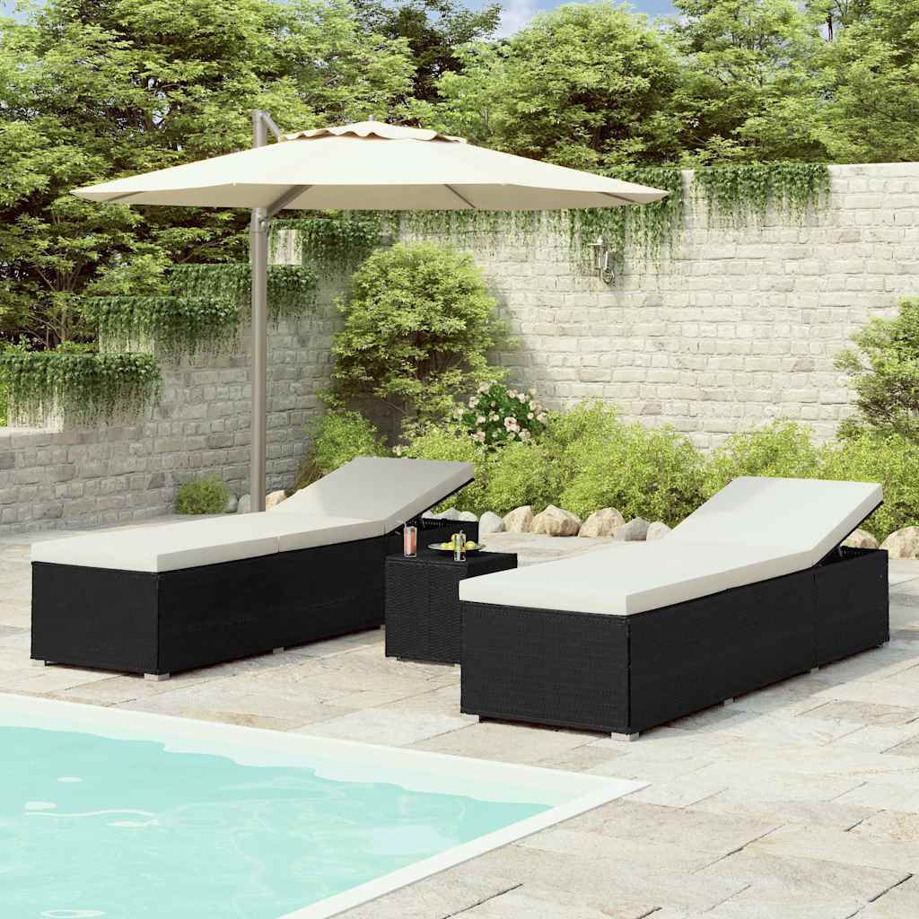 3-tlg. Garten-Sonnenliegen mit Teetisch Poly Rattan Schwarz