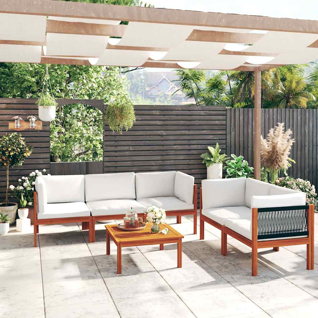 6-tlg. Garten-Lounge-Set mit Kissen Cremefarbenes Holz Akazie & Seil