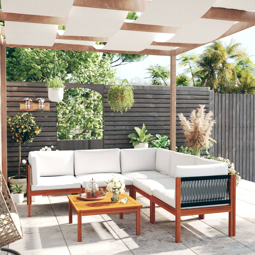 6-tlg. Garten-Lounge-Set mit Kissen Cremefarbenes Holz Akazie & Seil