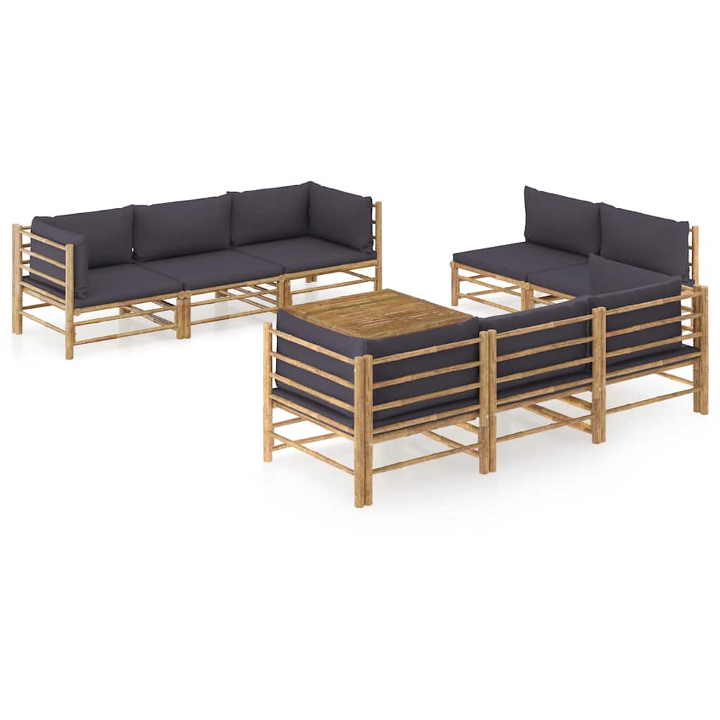 9-tlg. Garten-Lounge-Set mit Dunkelgrauen Kissen Bambus