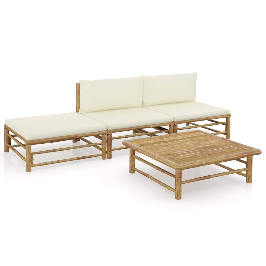 4-tlg. Garten-Lounge-Set mit Cremeweißen Kissen Bambus