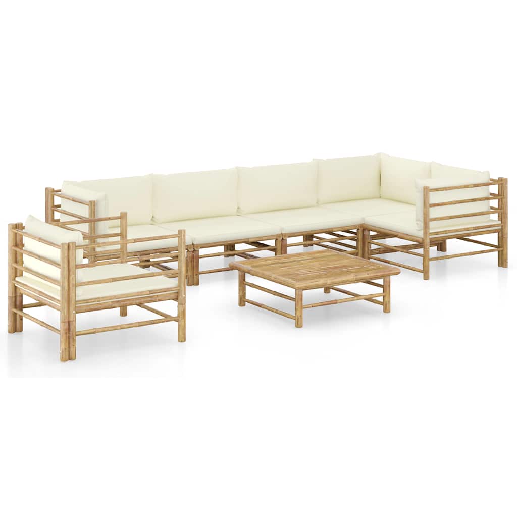 7-tlg. Garten-Lounge-Set mit Cremeweißen Kissen Bambus