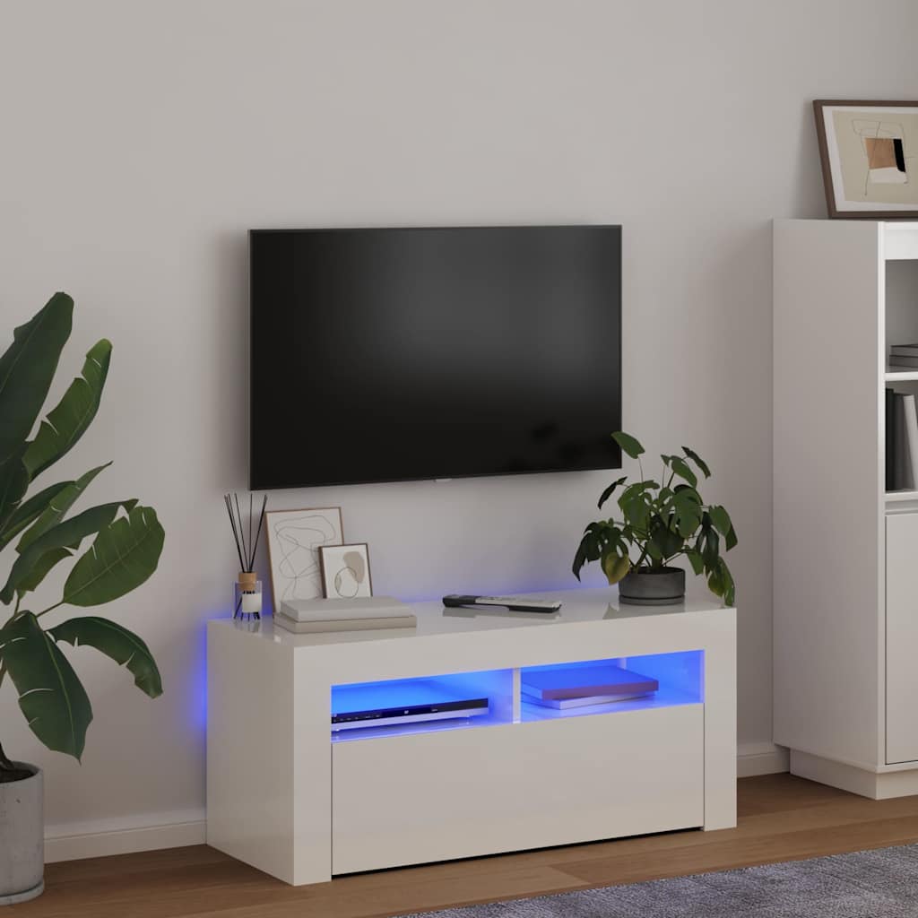 TV-Schrank mit LED-Leuchten Hochglanz-Weiß 90x35x40 cm