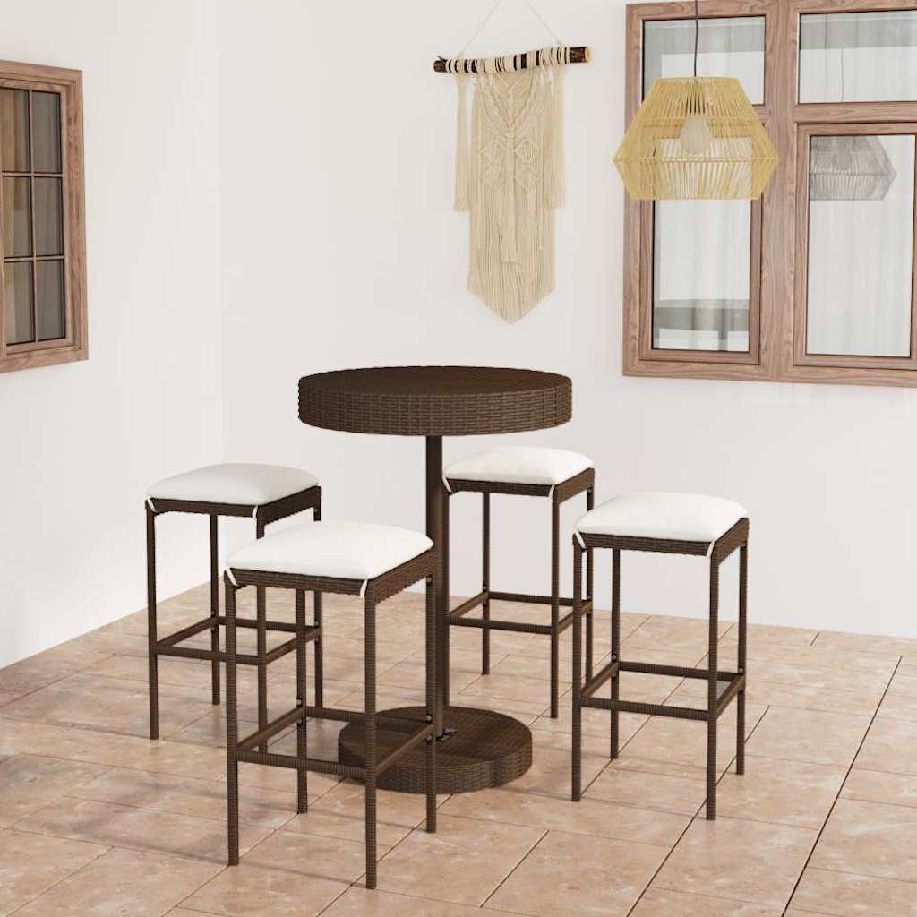 5-tlg. Gartenbar-Set mit Kissen Poly Rattan Braun