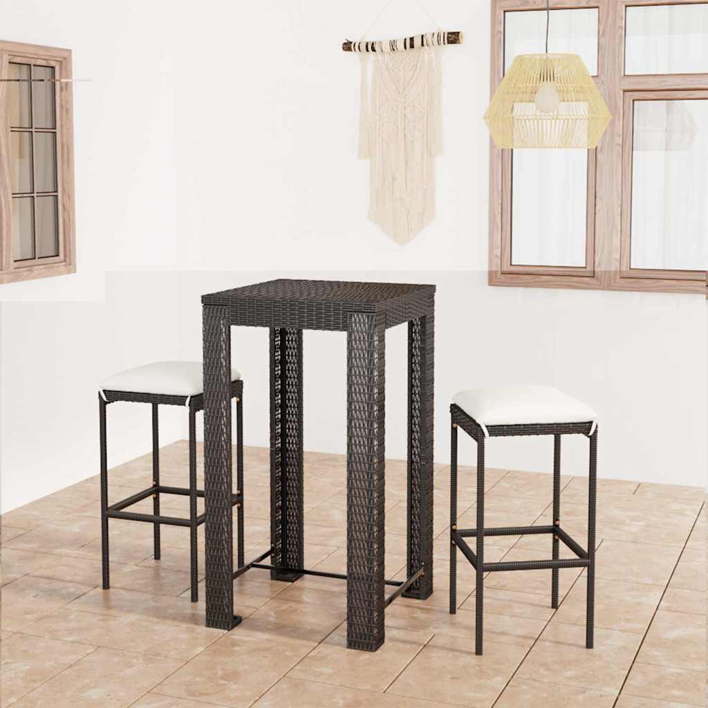 3-tlg. Gartenbar-Set mit Kissen Poly Rattan Schwarz