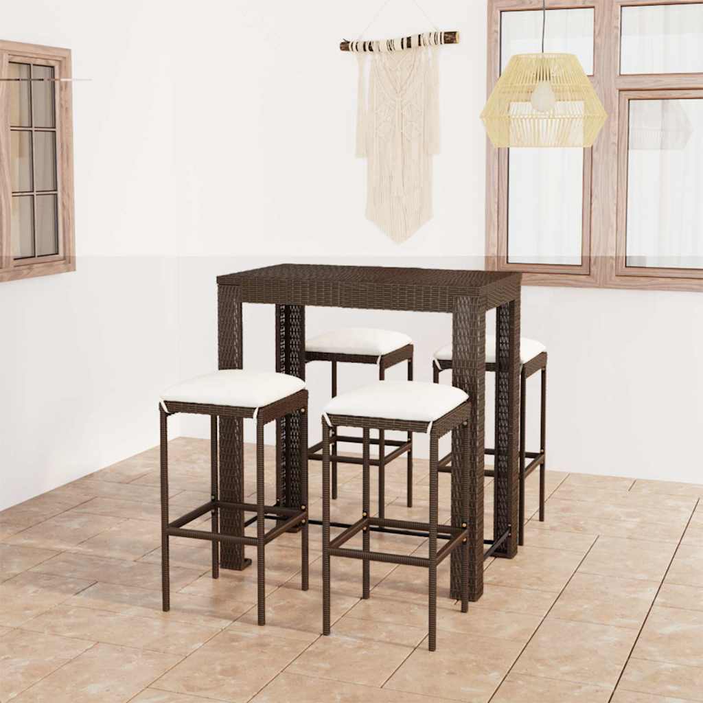 5-tlg. Gartenbar-Set mit Kissen Poly Rattan Braun