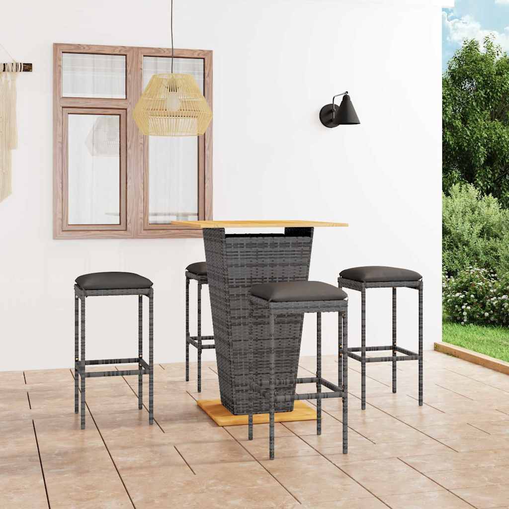 5-tlg. Gartenbar-Set mit Kissen Poly Rattan Grau