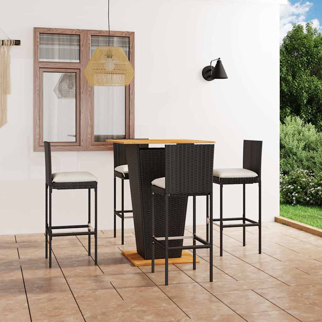 5-tlg. Gartenbar-Set mit Kissen Poly Rattan Schwarz