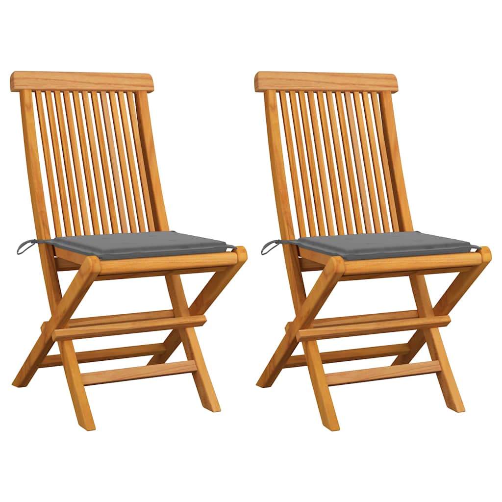 Klappstühle mit grauen Kissen, 2 Stück, Massivholz Teakholz