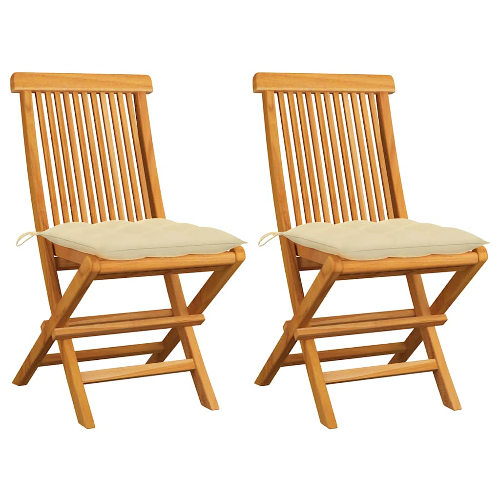 Klappstühle mit cremeweißen Kissen, 2 Stück, Massivholz Teakholz