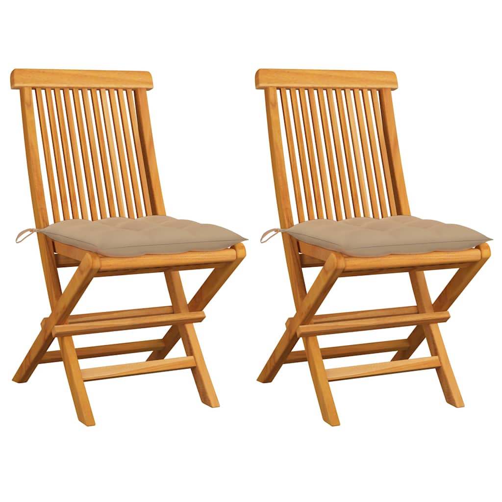 Klappstühle mit beigen Kissen, 2 Stück, Massivholz Teakholz