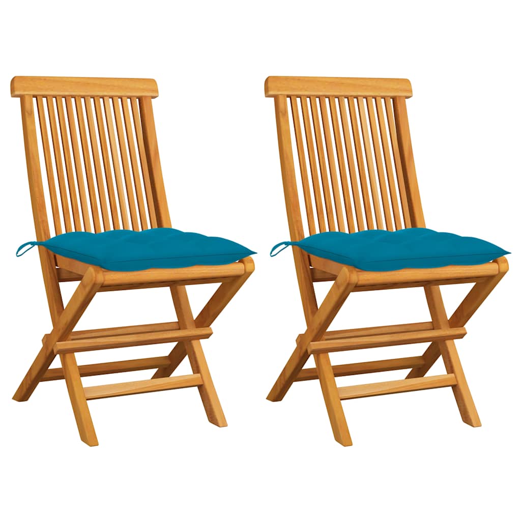 Klappstühle mit hellblauen Kissen, 2 Stück, Massivholz Teakholz