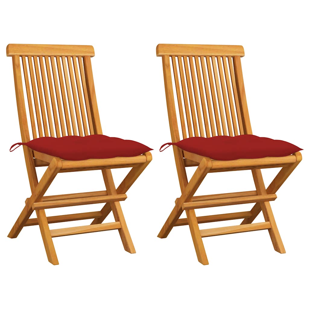 Klappstühle mit roten Kissen, 2 Stück, Massivholz Teakholz