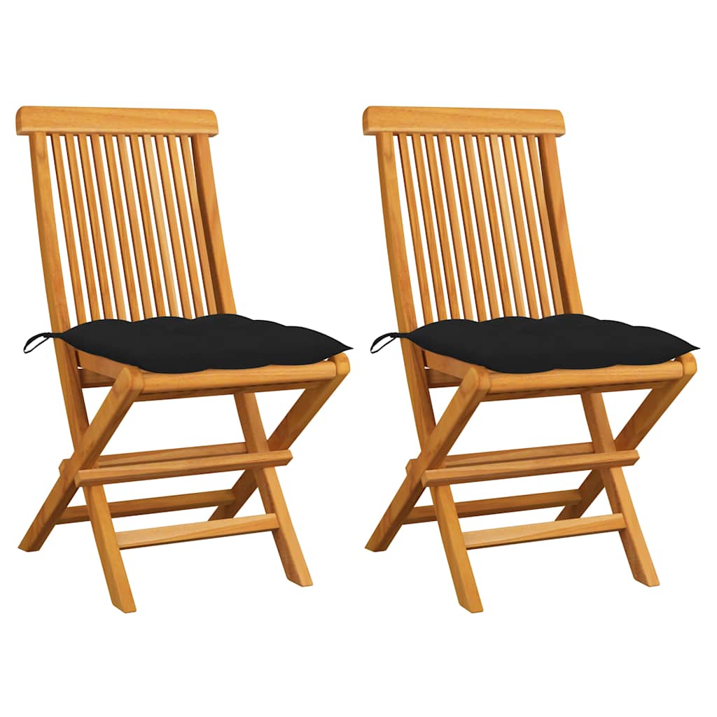 Klappstühle mit schwarzen Kissen, 2 Stück, Massivholz Teakholz