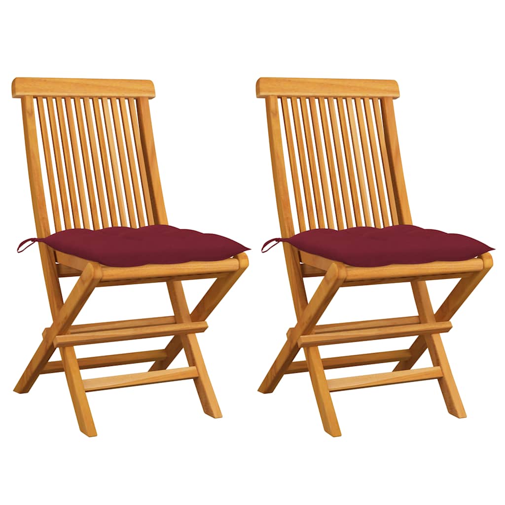 Klappstühle mit weinroten Kissen, 2 Stück, Massivholz Teakholz