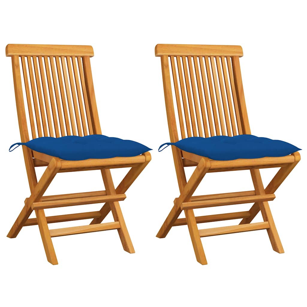 Klappstühle mit blauen Kissen, 2 Stück, Massivholz Teakholz