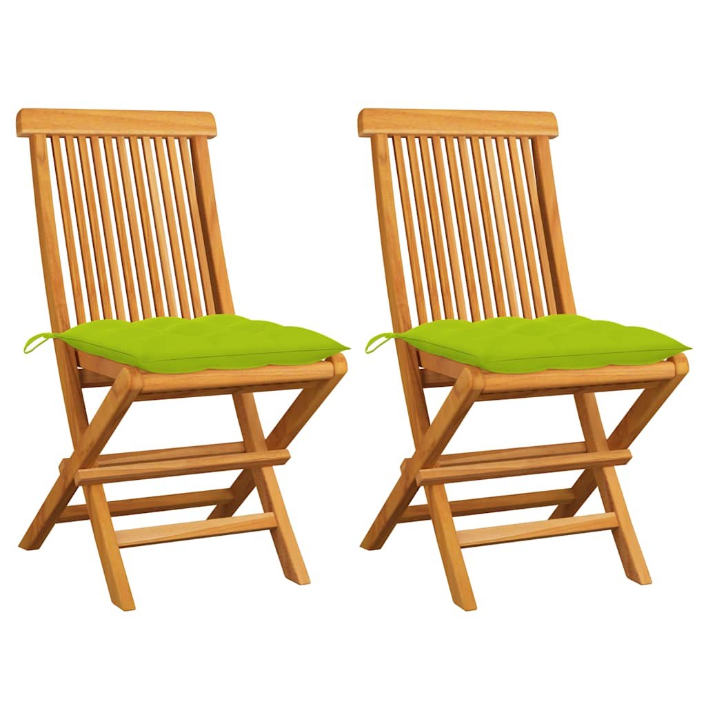 Klappstühle mit hellgrünen Kissen, 2 Stück, Massivholz Teakholz
