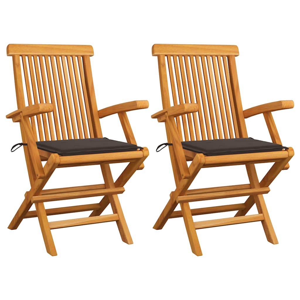 Klappstühle mit taupefarbenen Kissen, 2 Stück, Massivholz Teakholz