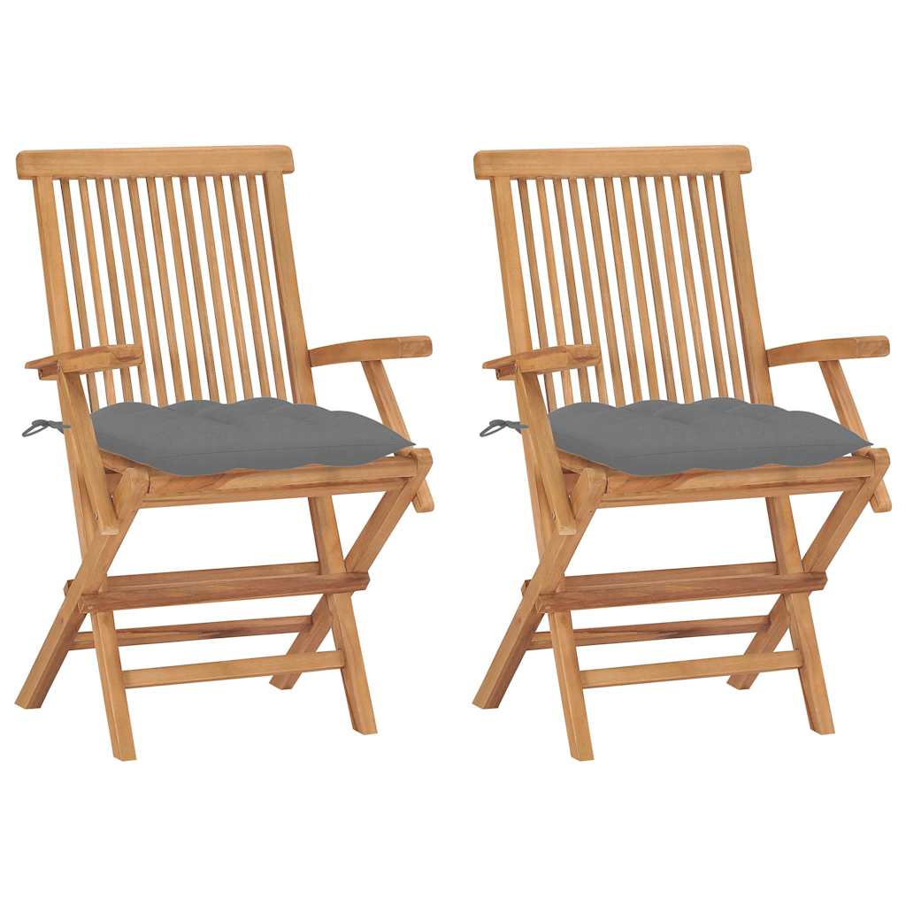 Klappstühle mit grauen Kissen, 2 Stück, Massivholz Teakholz