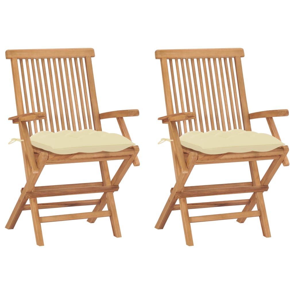 Klappstühle mit cremeweißen Kissen, 2 Stück, Massivholz Teakholz