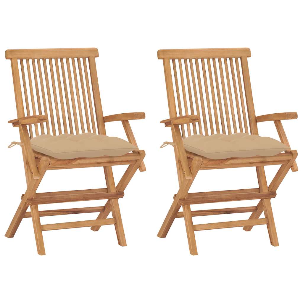 Klappstühle mit beigen Kissen, 2 Stück, Massivholz Teakholz