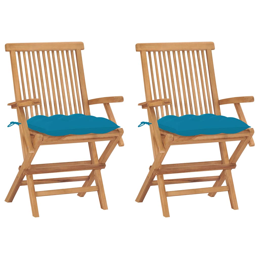 Klappstühle mit hellblauen Kissen, 2 Stück, Massivholz Teakholz