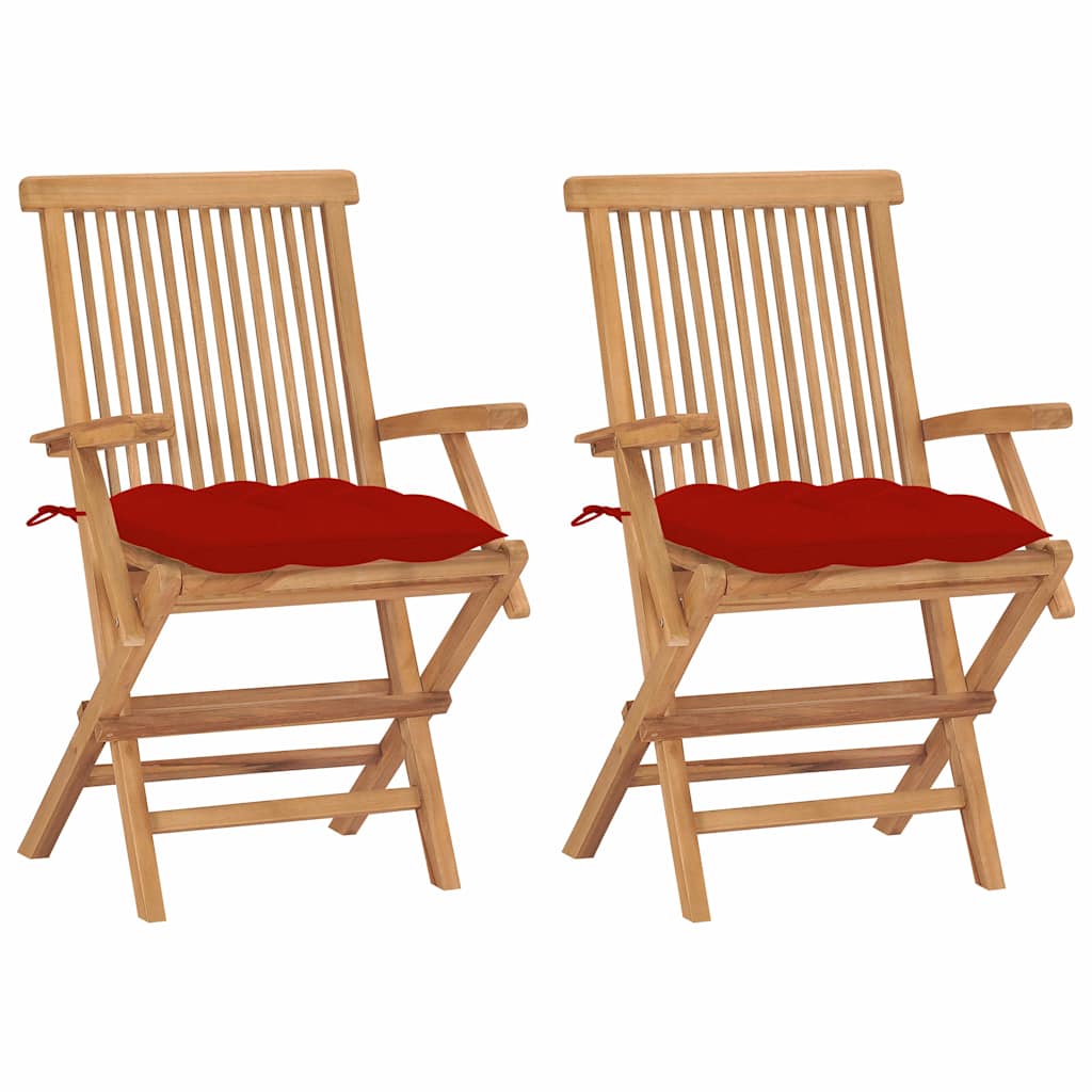 Klappstühle mit roten Kissen, 2 Stück, Massivholz Teakholz