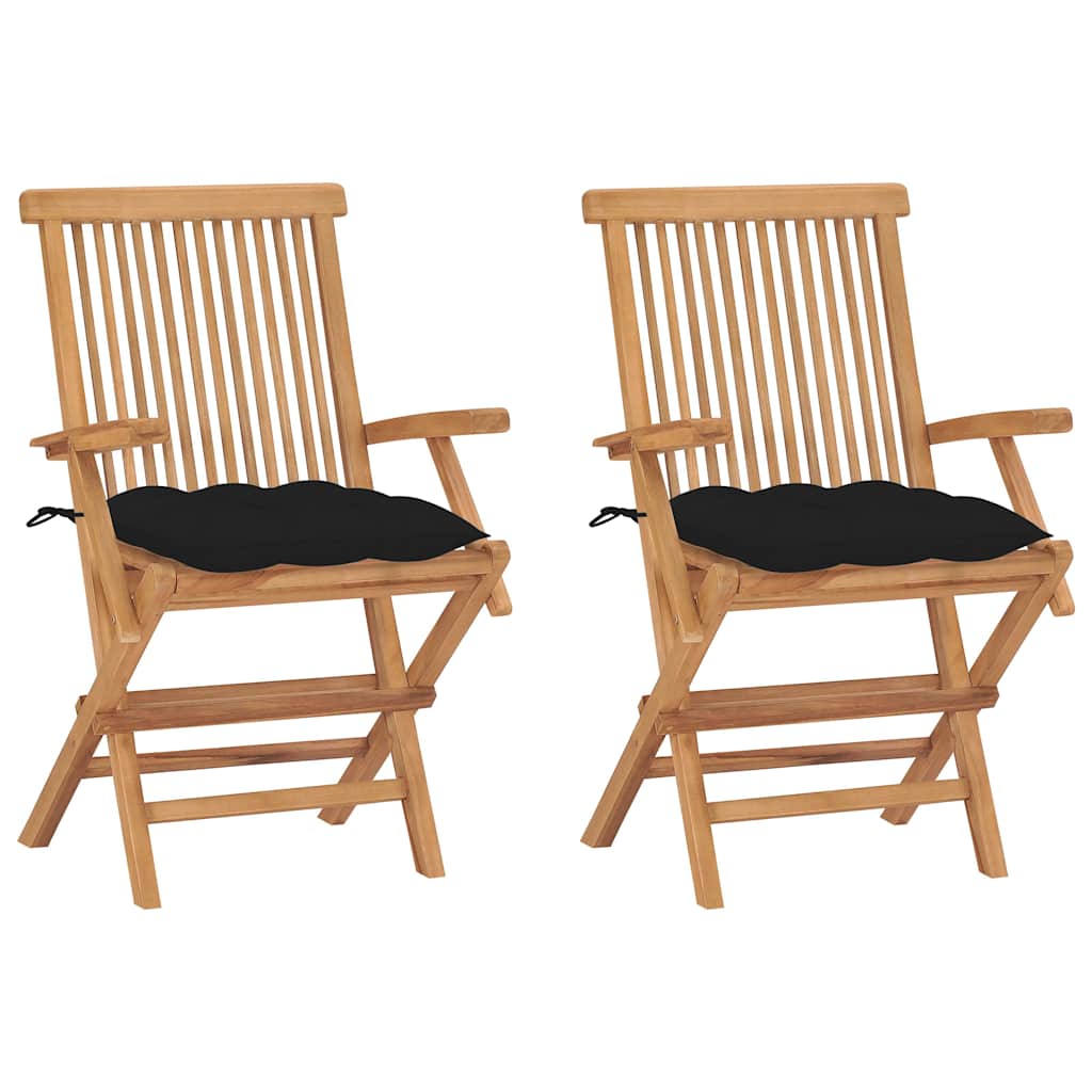 Klappstühle mit schwarzen Kissen, 2 Stück, Massivholz Teakholz