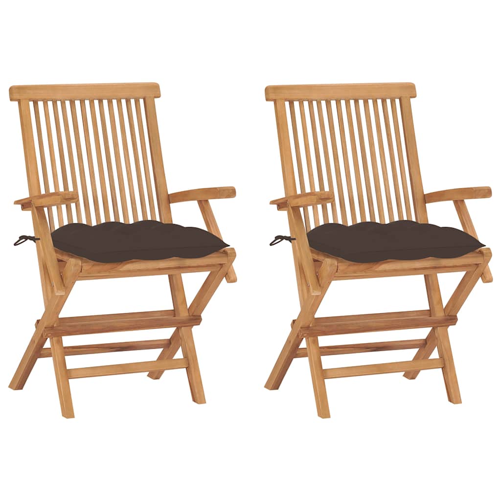 Klappstühle mit taupefarbenen Kissen, 2 Stück, Massivholz Teakholz