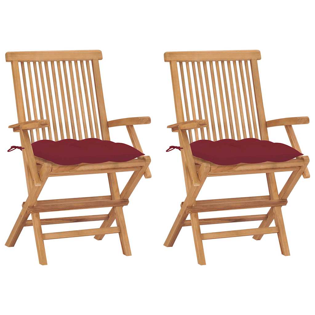 Klappstühle mit weinroten Kissen, 2 Stück, Massivholz Teakholz