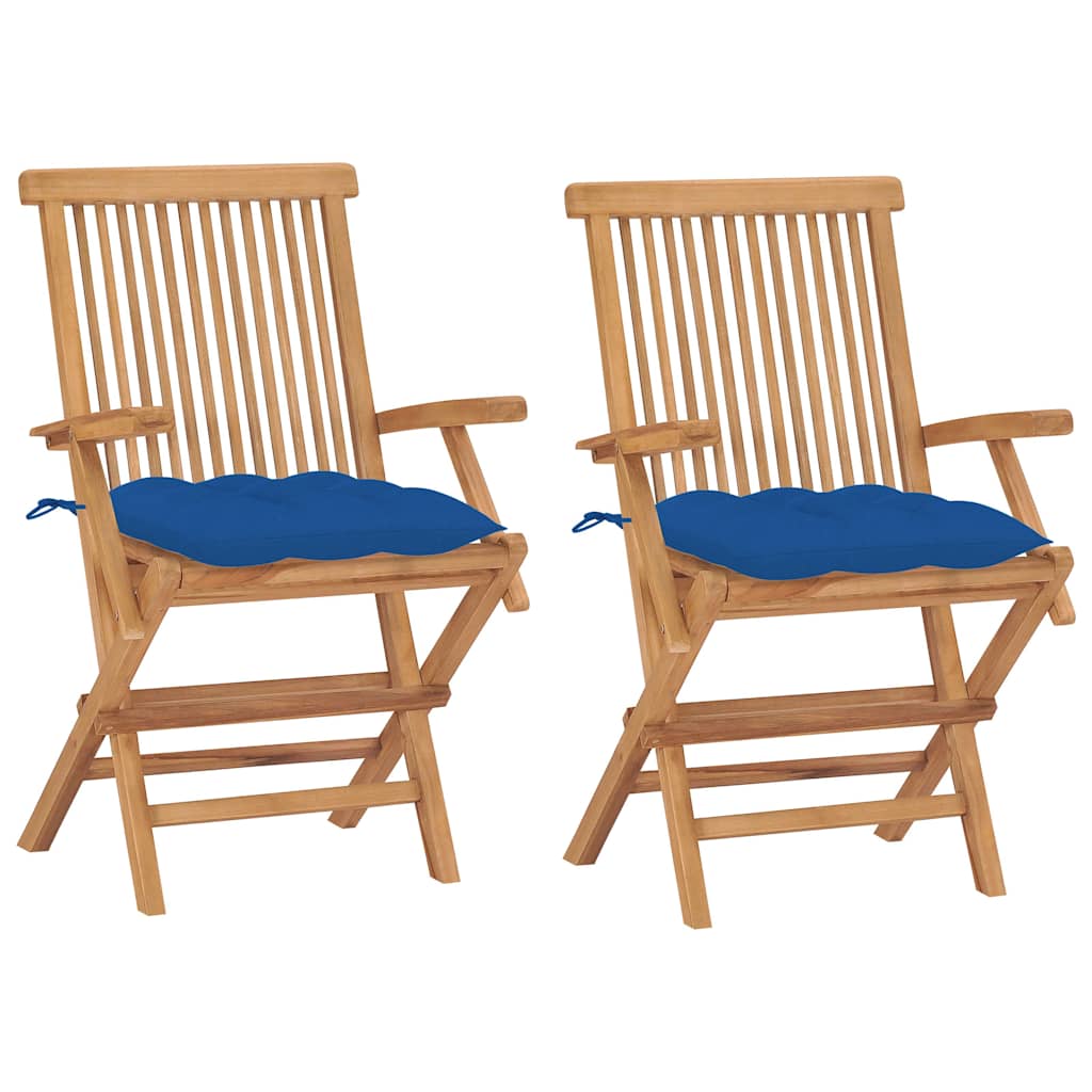Klappstühle mit blauen Kissen, 2 Stück, Massivholz Teakholz
