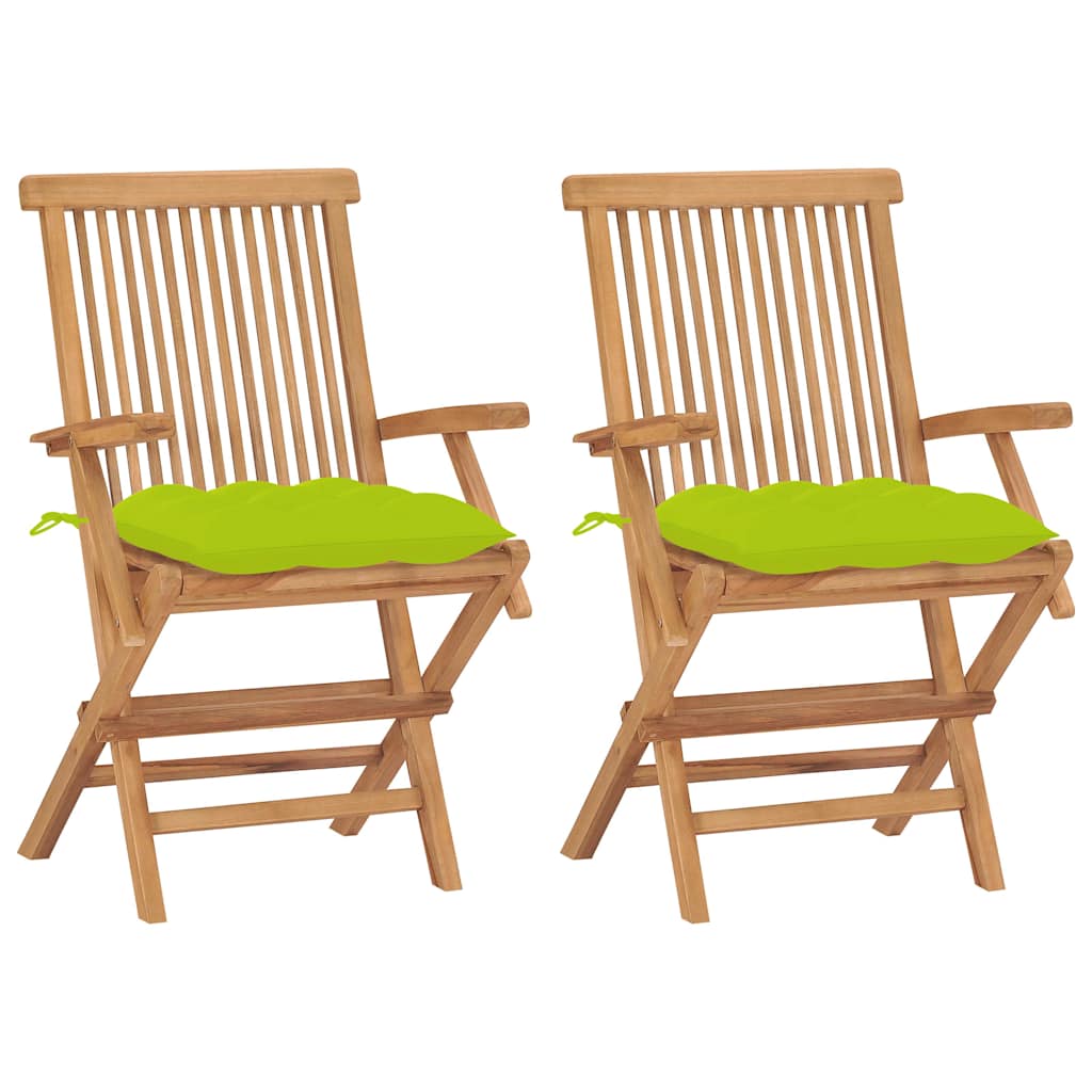 Klappstühle mit hellgrünen Kissen, 2 Stück, Massivholz Teakholz