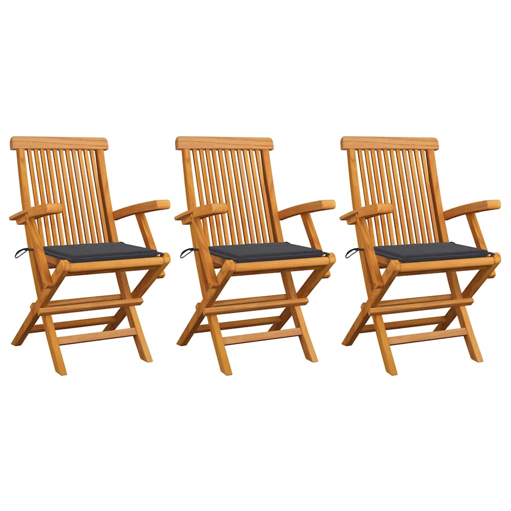 Klappstühle mit anthrazitfarbenen Kissen, 3-teilig, Massivholz Teakholz