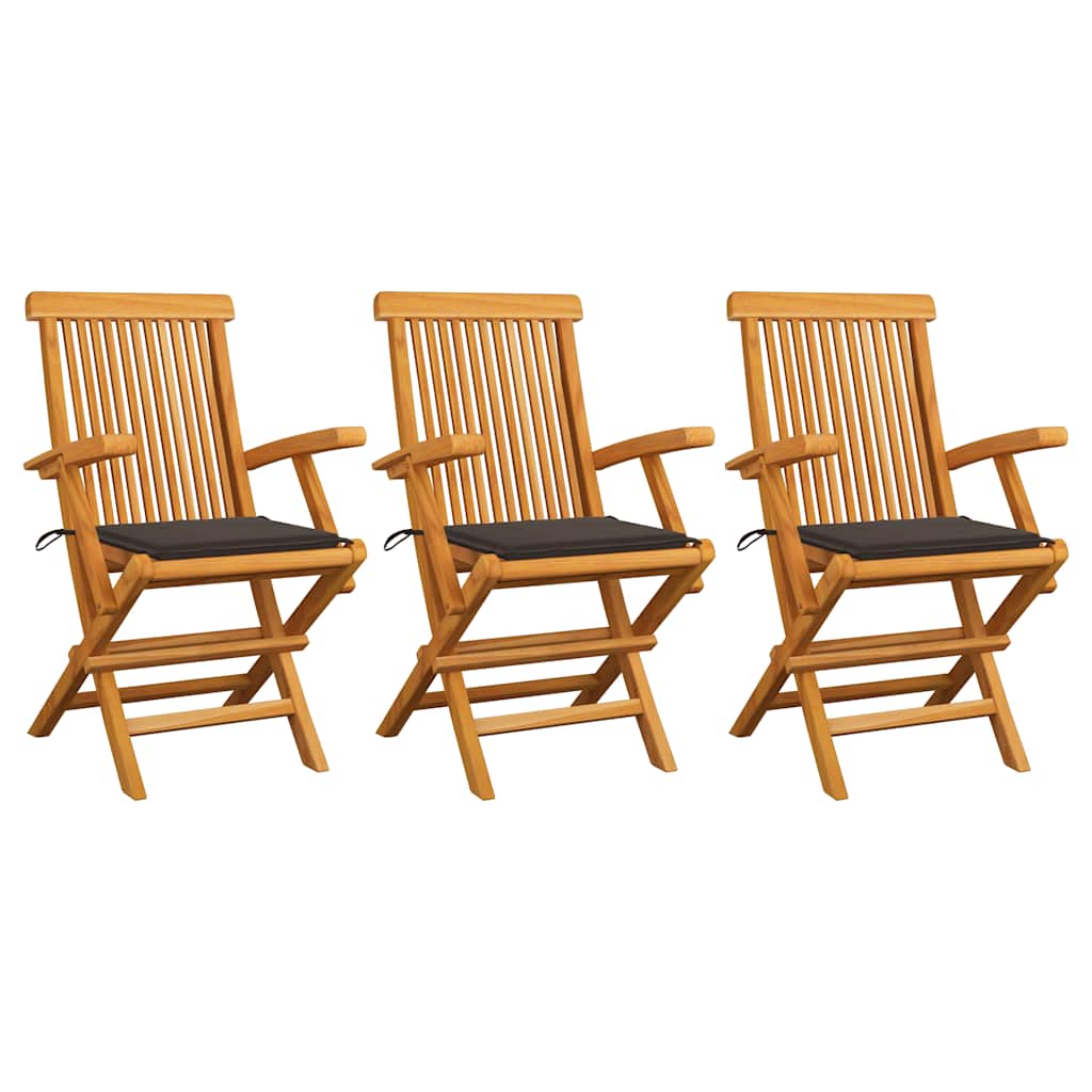Klappstühle mit taupefarbenen Kissen, 3-teilig, Massivholz Teakholz