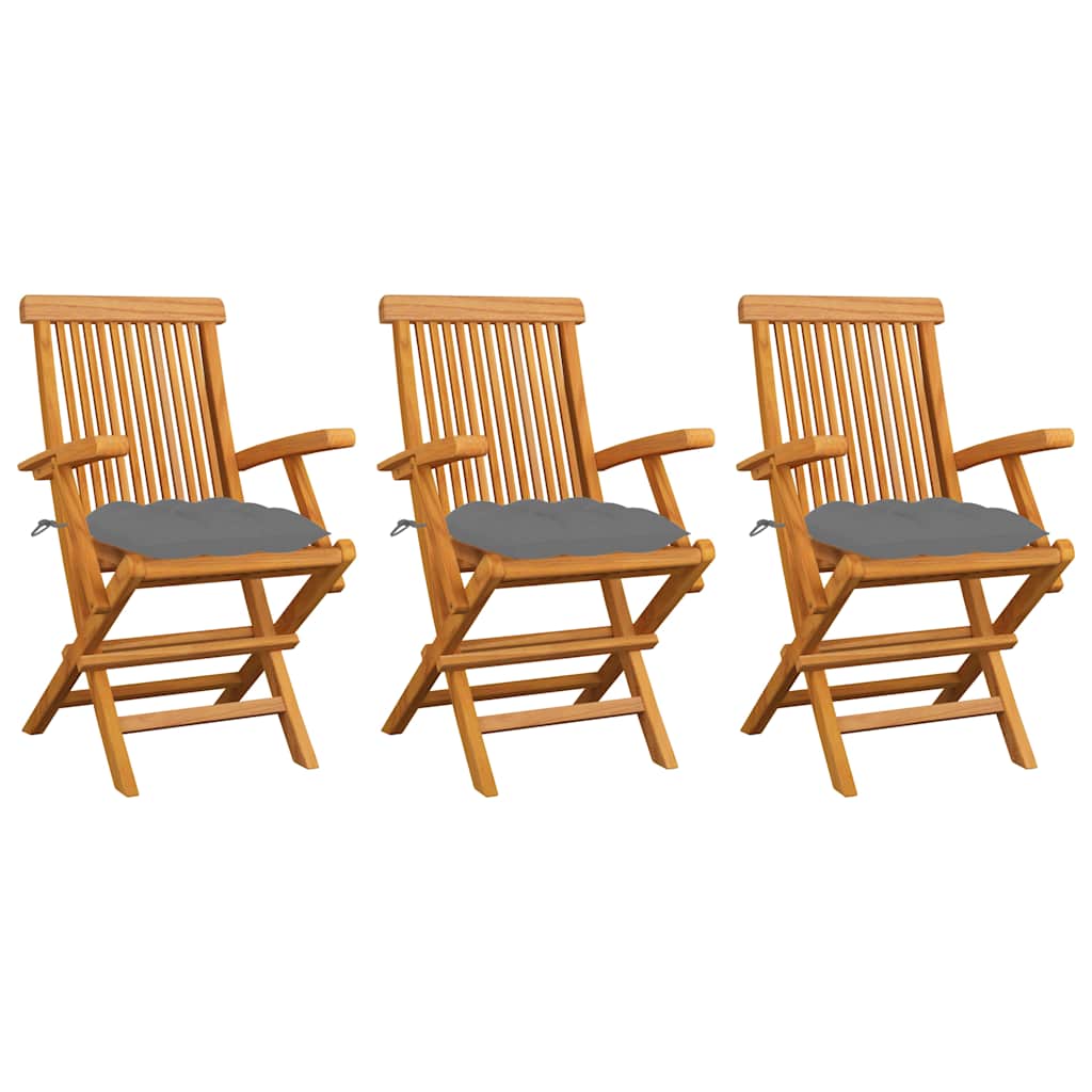 Klappstühle mit grauen Kissen, 3-teilig, Massivholz Teakholz