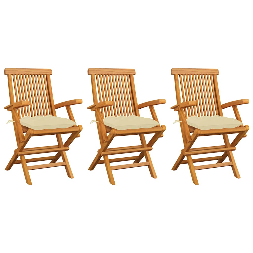 Klappstühle mit cremeweißen Kissen, 3-teilig, Massivholz Teakholz