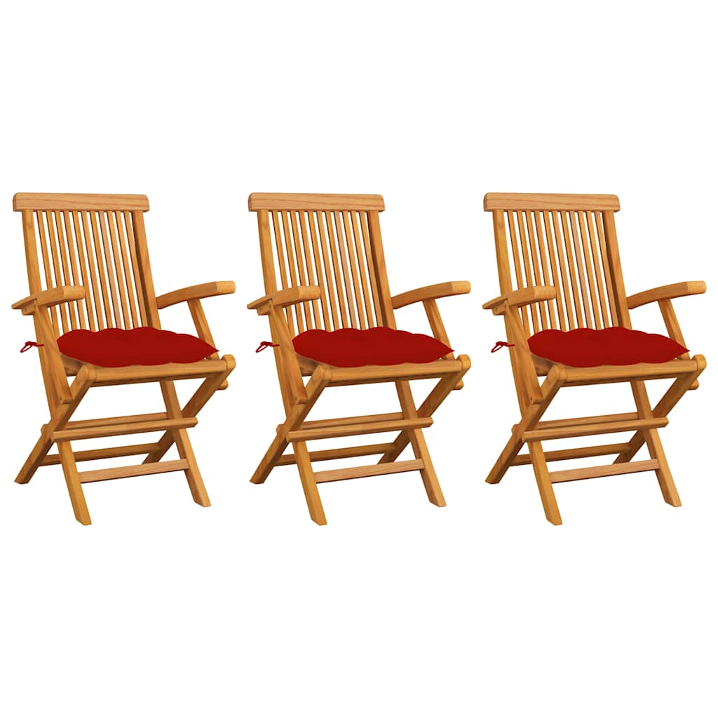 Klappstühle mit roten Kissen, 3-teilig, Massivholz Teakholz