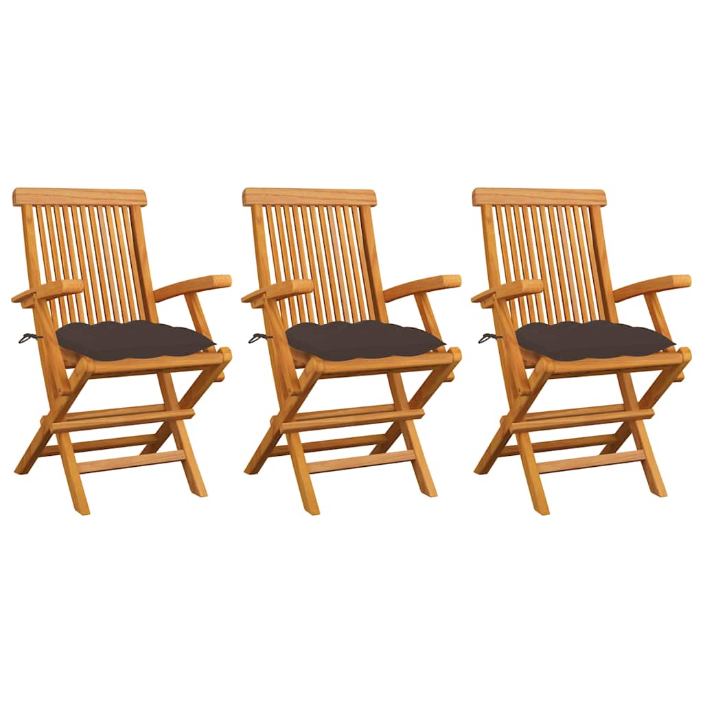 Klappstühle mit taupefarbenen Kissen, 3-teilig, Massivholz Teakholz
