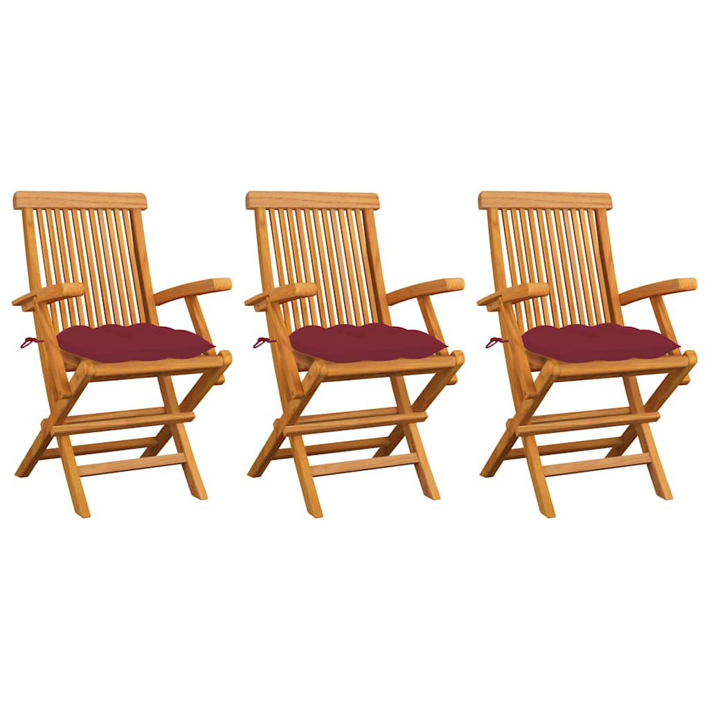 Klappstühle mit weinroten Kissen, 3-teilig, Massivholz Teakholz