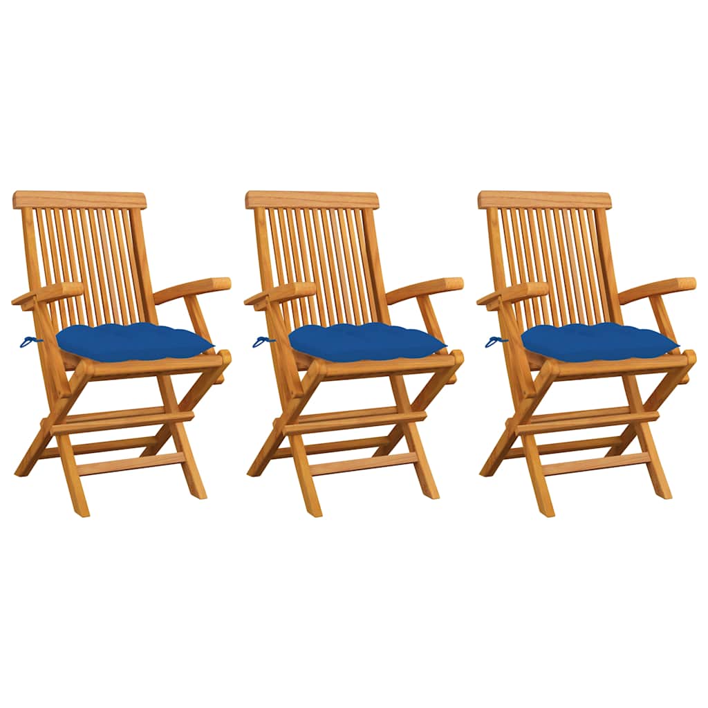 Klappstühle mit blauen Kissen, 3-teilig, Massivholz Teakholz