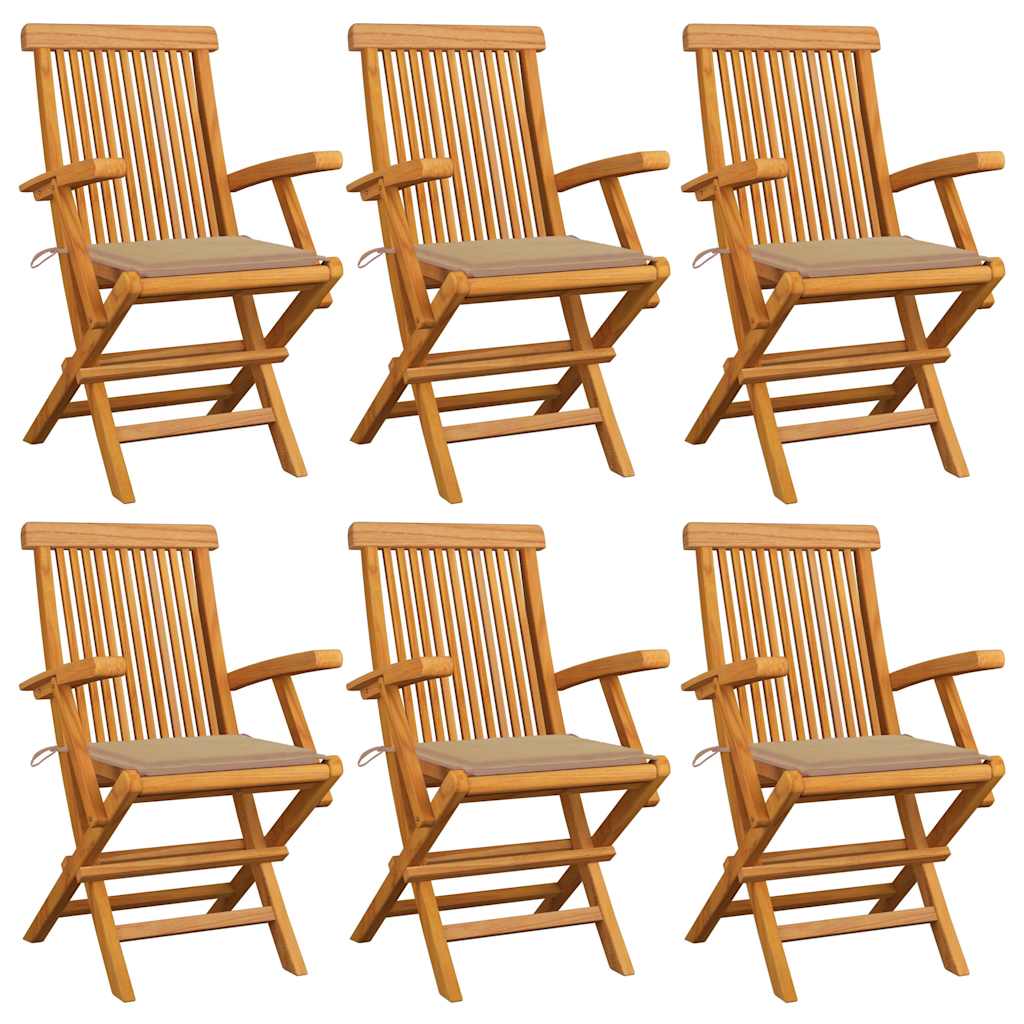Klappstühle mit beigen Kissen, 6-teilig, Massivholz Teakholz