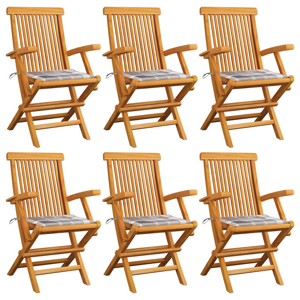 Klappstühle, grau karierte Kissen, 6-teilig, massives Teakholz
