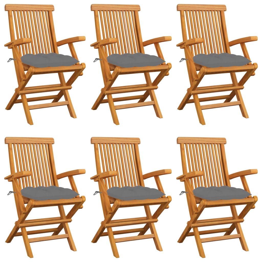 Klappstühle mit grauen Kissen, 6-teilig, Massivholz Teakholz