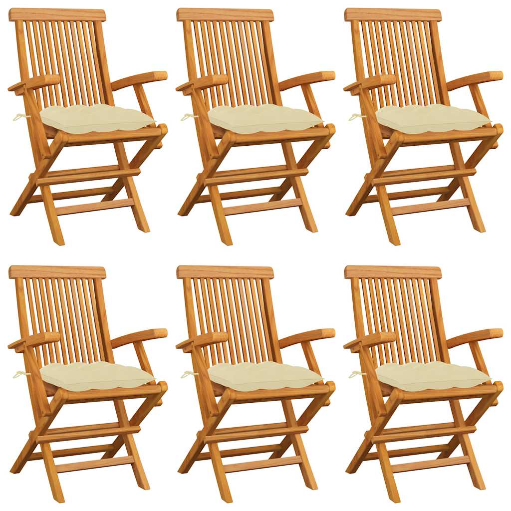 Klappstühle mit cremeweißen Kissen, 6-teilig, Massivholz Teakholz