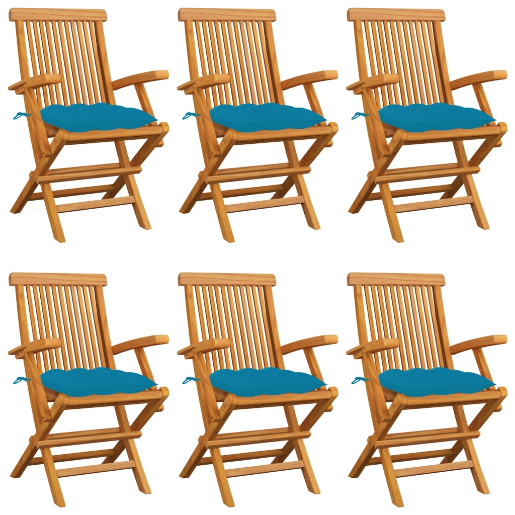 Klappstühle mit hellblauen Kissen, 6-teilig, Massivholz Teakholz
