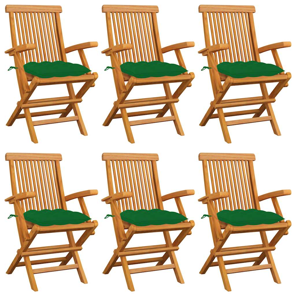 Klappstühle mit grünen Kissen, 6 Stück, Massivholz Teakholz