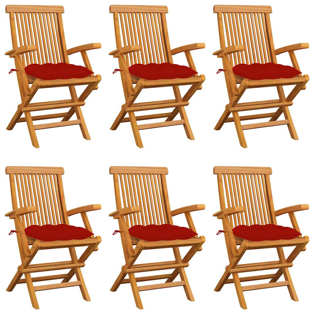 Klappstühle mit roten Kissen, 6 Stück, Massivholz Teakholz
