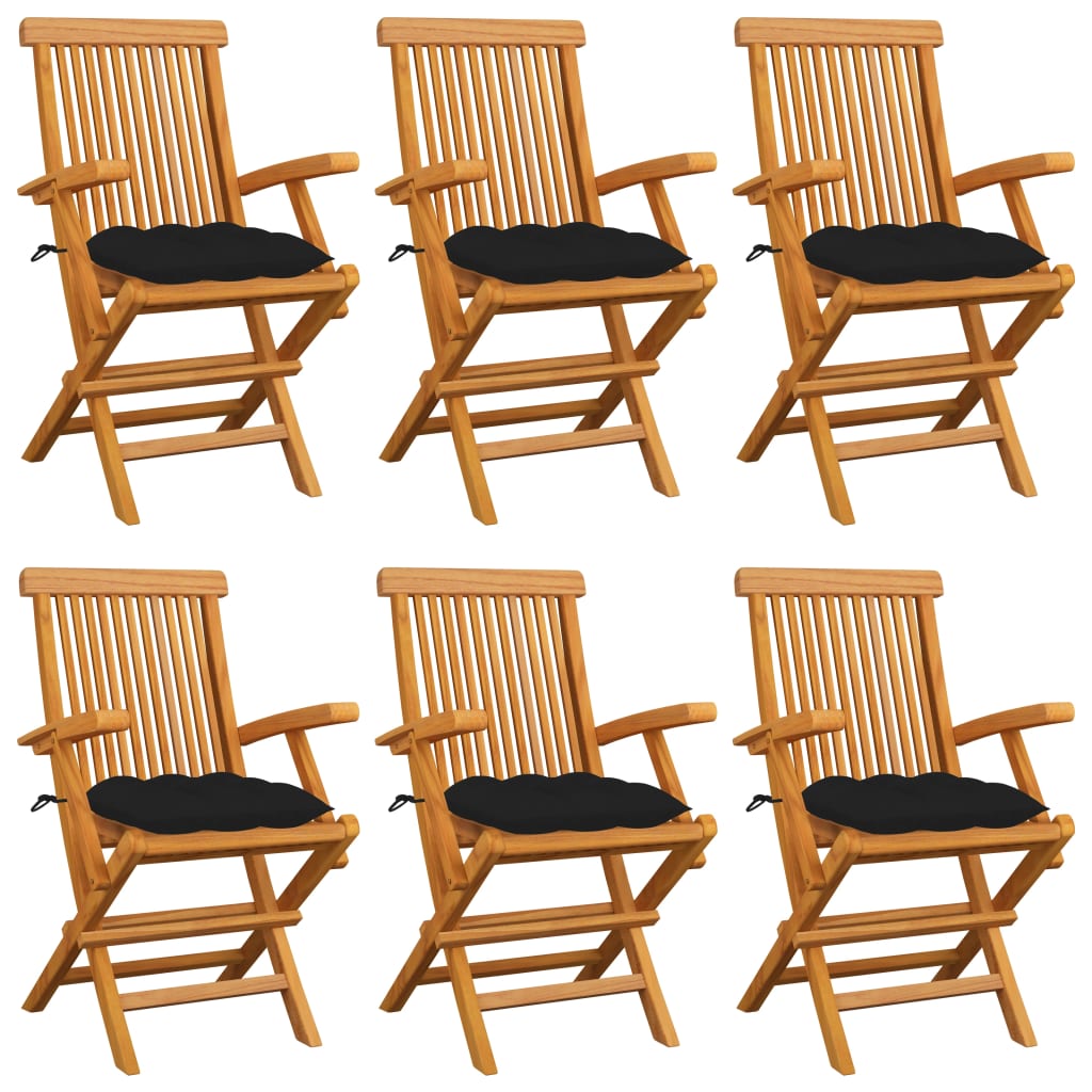 Klappstühle mit schwarzen Kissen, 6-teilig, Massivholz Teakholz